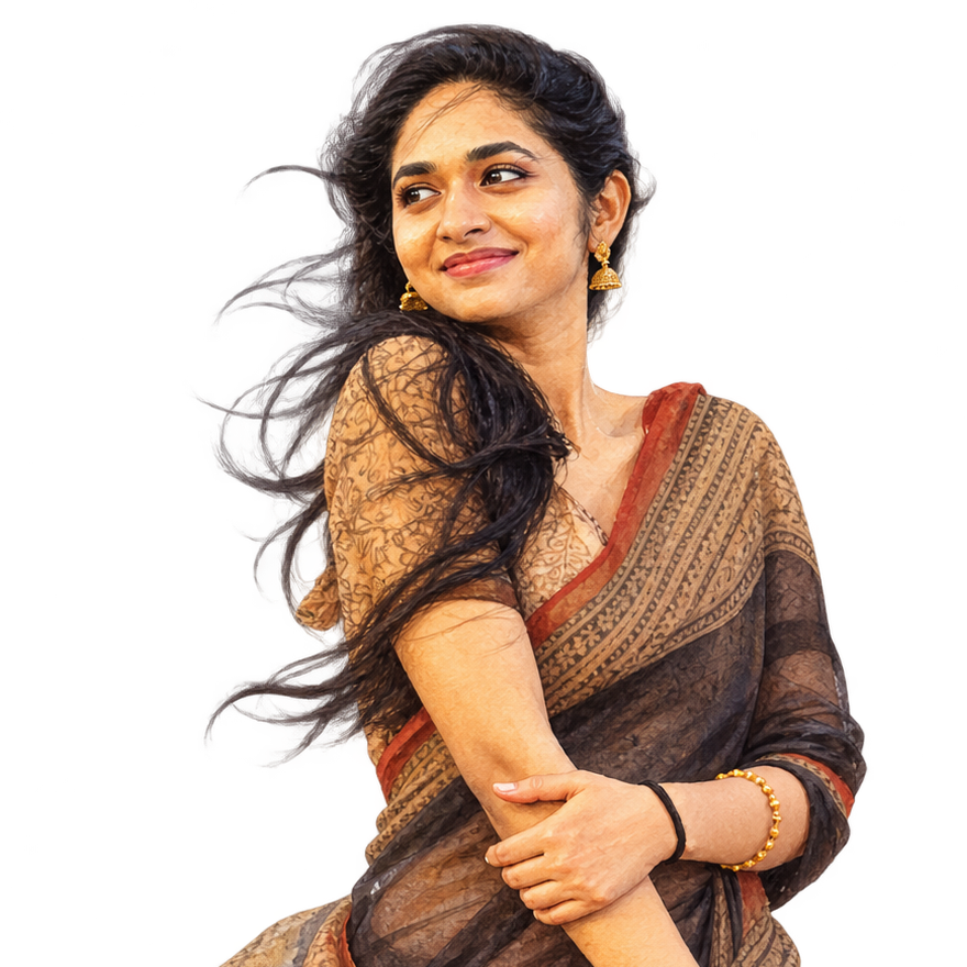 Watercolour illustration of a woman in a patterned sari