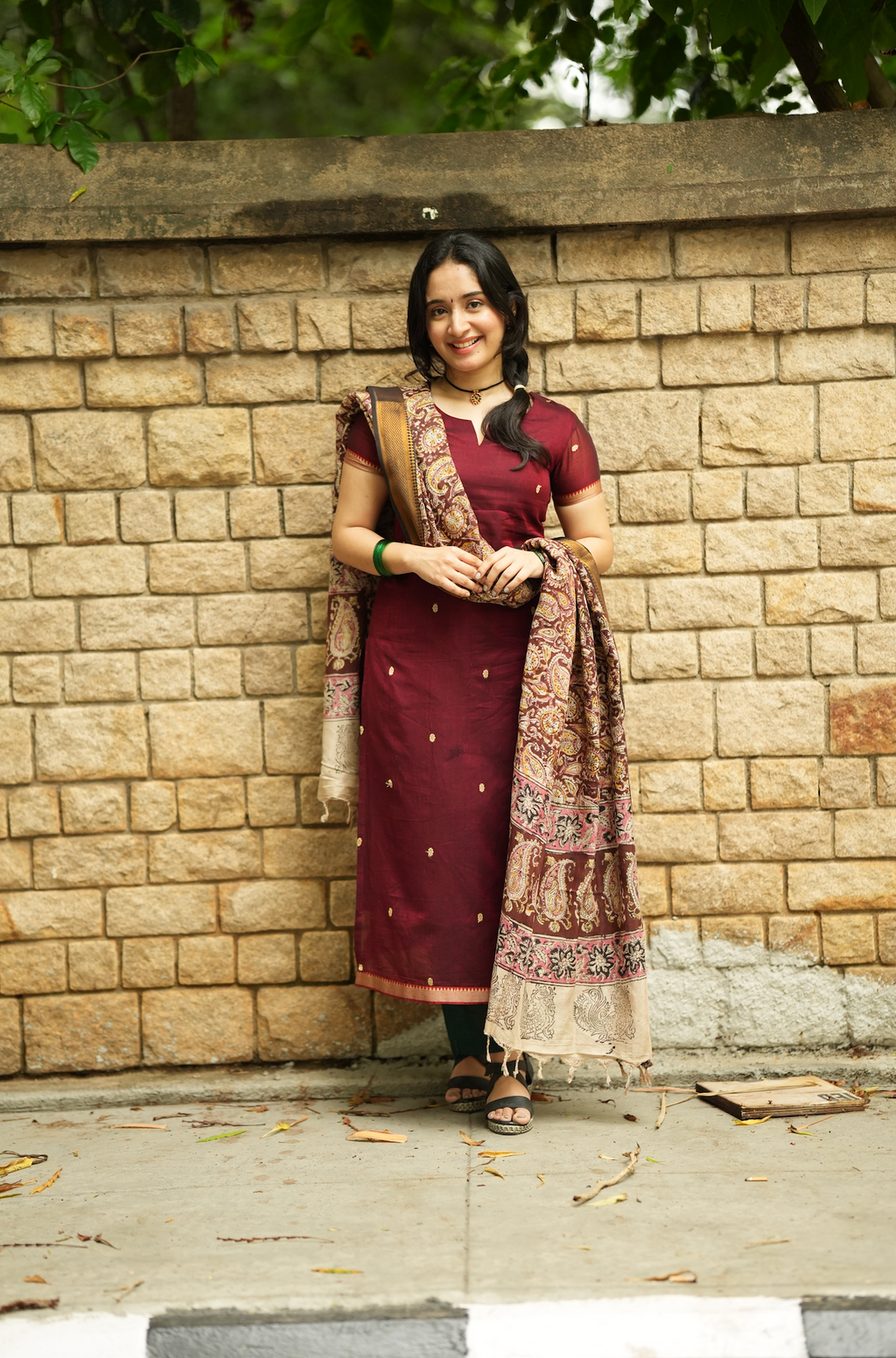 Maroon Narayanpet handloom suit set with printed Kalamkari dupatta and elegant festive ethnic styling