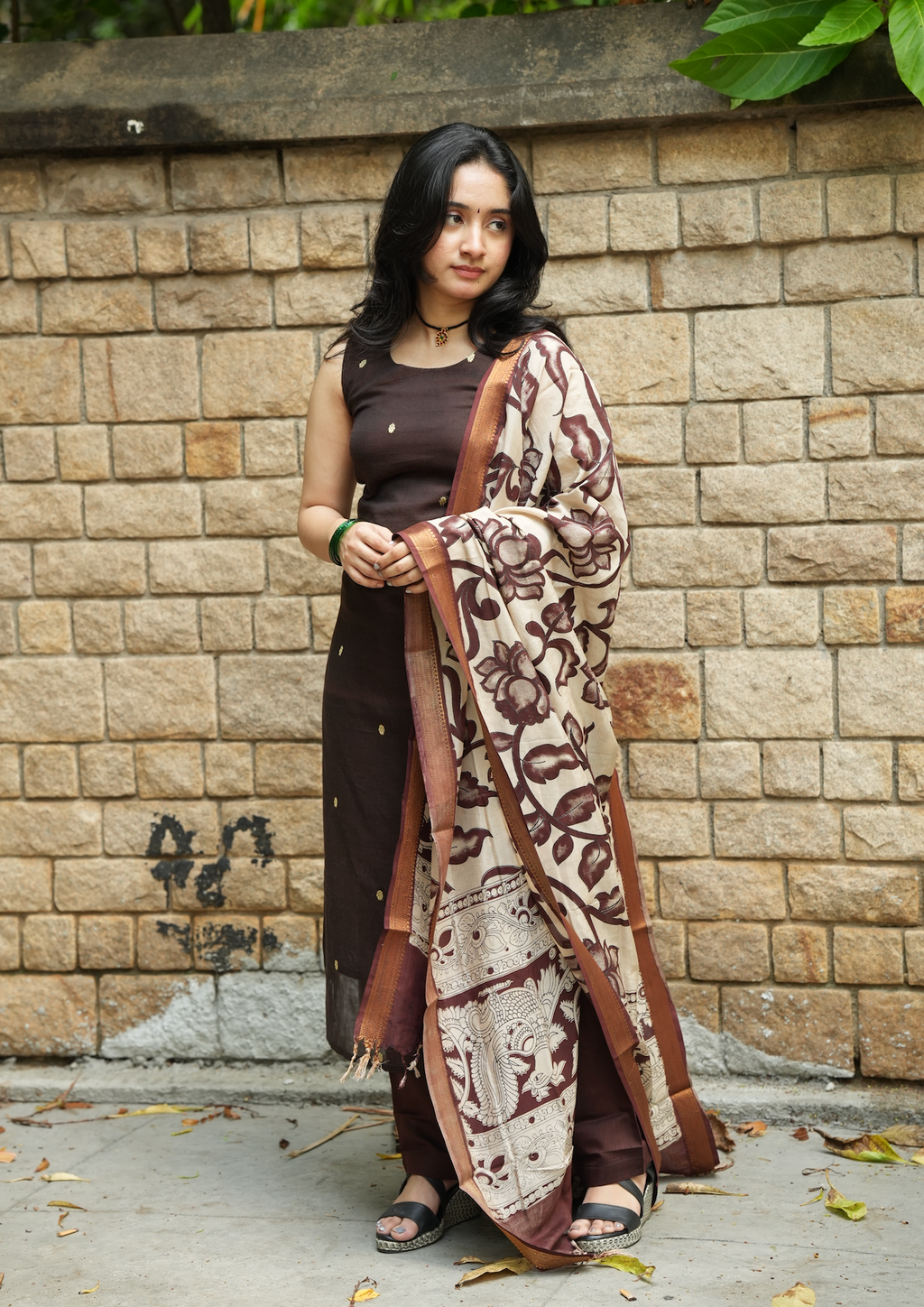 Coffee brown Narayanpet handloom suit set with pen Kalamkari dupatta and traditional ethnic styling for women
