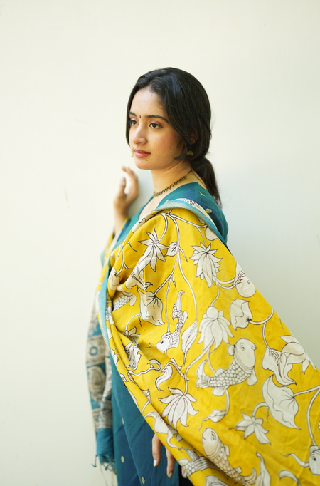 Women’s Narayanpet handloom kurta set with yellow Kalamkari dupatta and traditional ethnic styling