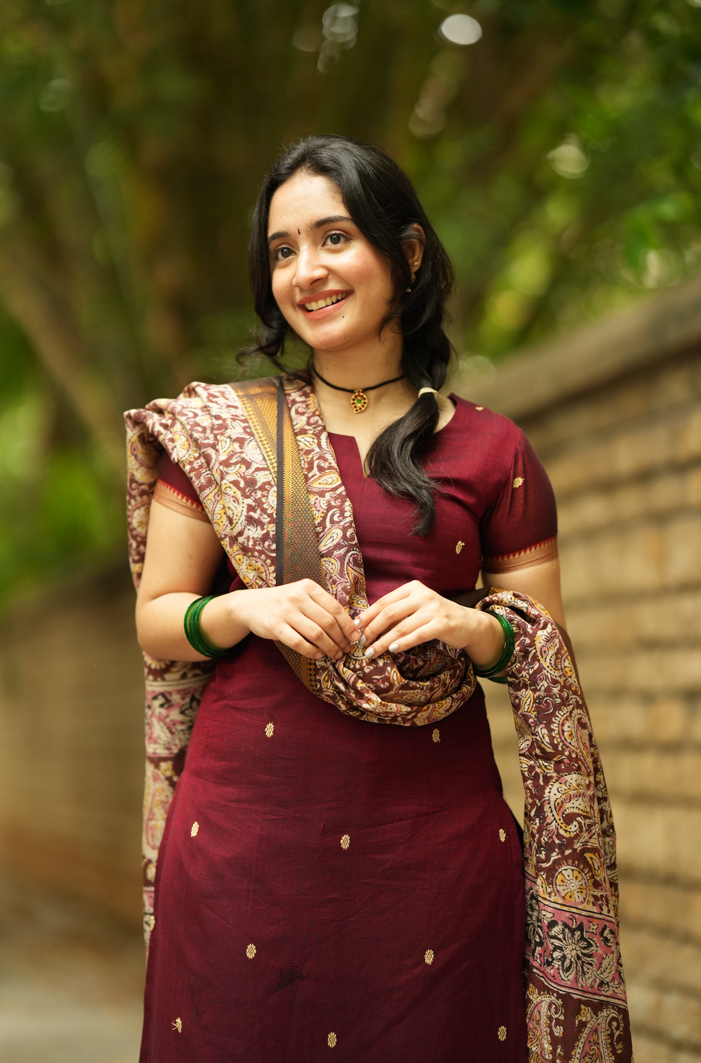 Traditional Narayanpet handloom kurta set in maroon with detailed pen Kalamkari dupatta styling