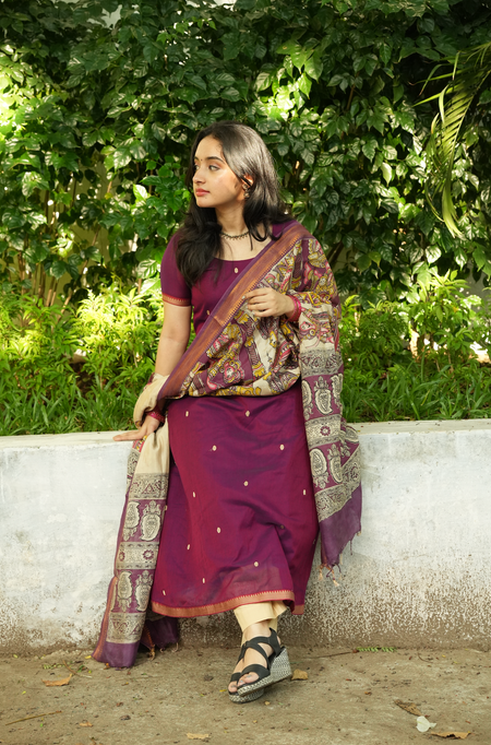 Traditional Narayanpet handloom kurta set with printed Kalamkari dupatta and festive ethnic silhouette