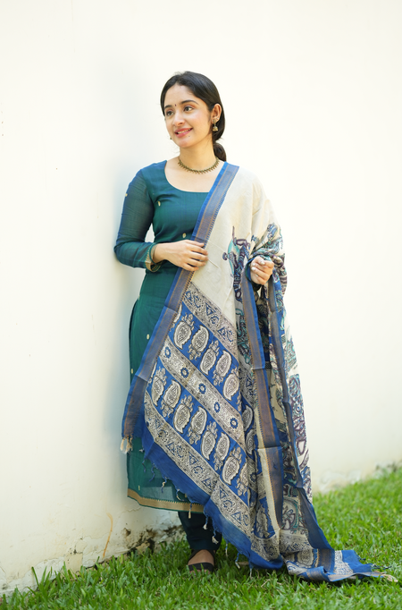 Peacock blue Narayanpet handloom suit set with pen Kalamkari dupatta and traditional festive ethnic styling