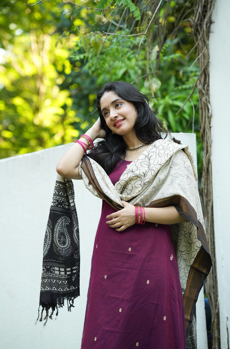 Plum Narayanpet handloom suit set with pen Kalamkari dupatta and traditional ethnic styling