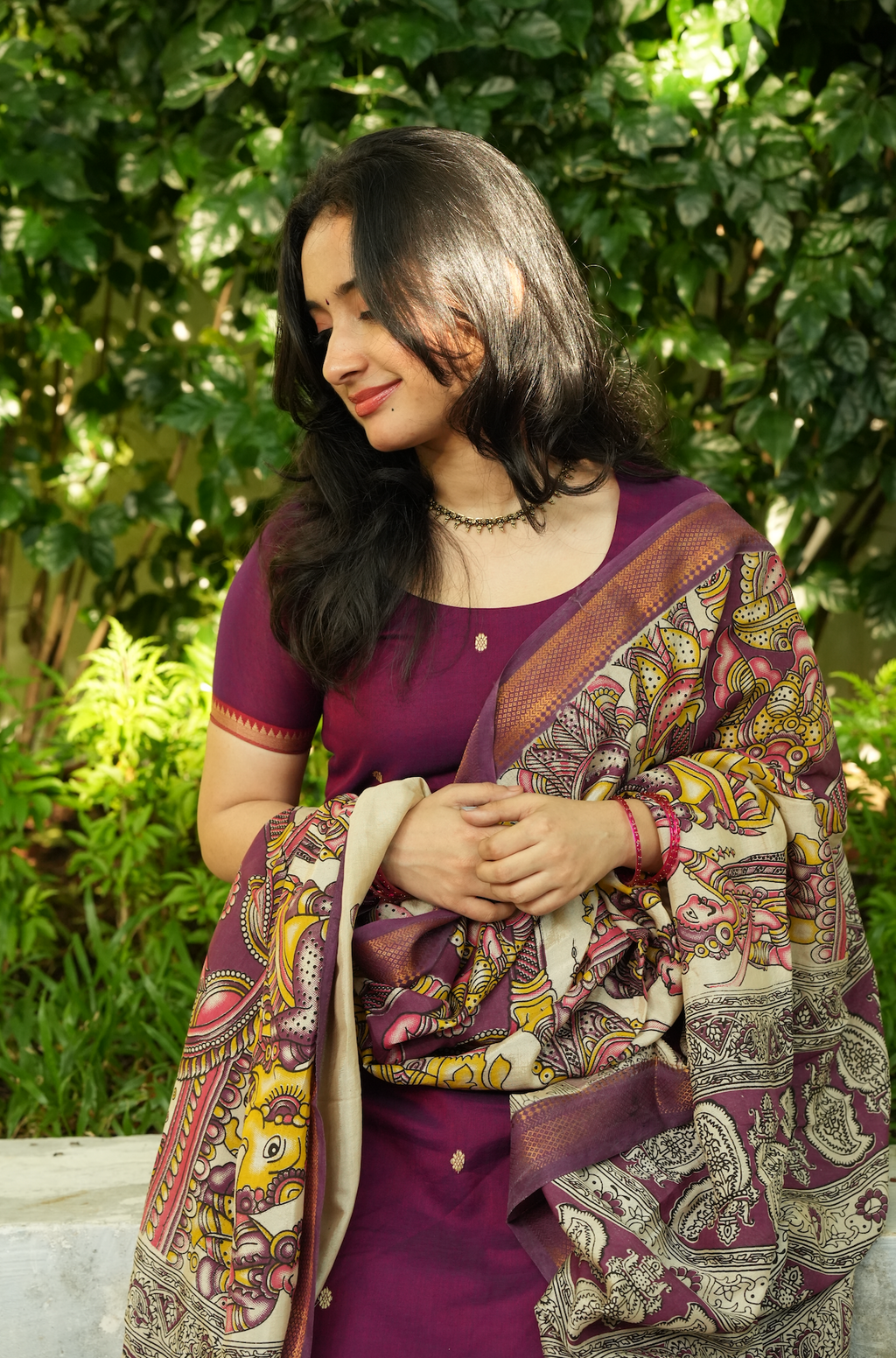 Plum Narayanpet handloom suit set with pen Kalamkari dupatta and elegant traditional ethnic styling