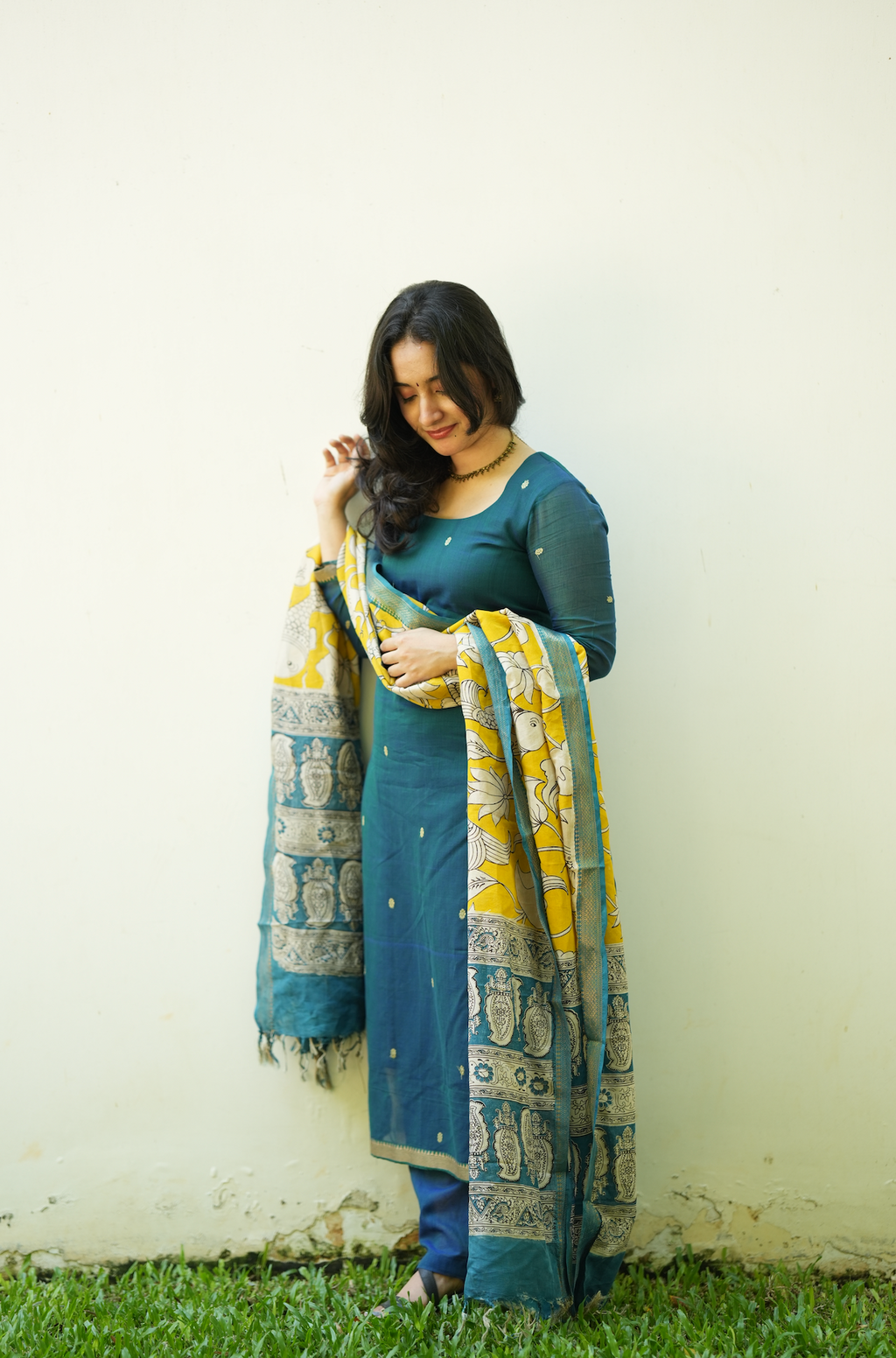 South Indian handloom suit set with attached cotton lining and traditional Kalamkari print dupatta