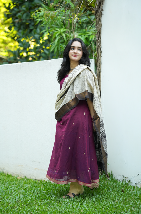 South Indian Narayanpet suit set with printed Kalamkari dupatta and functional pocket detailing