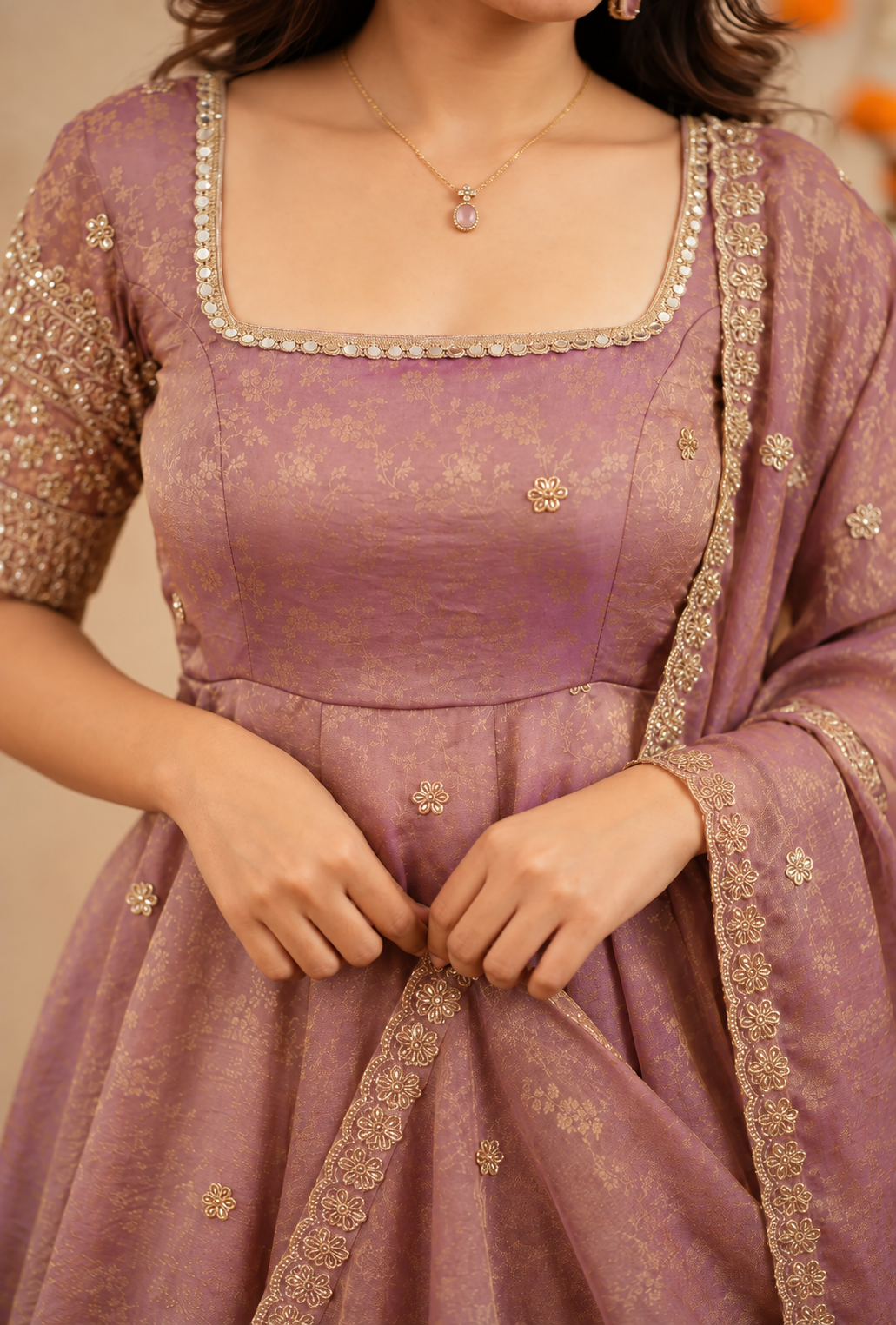 Swathi – Crushed Space Silk Fusion Set with Dupatta