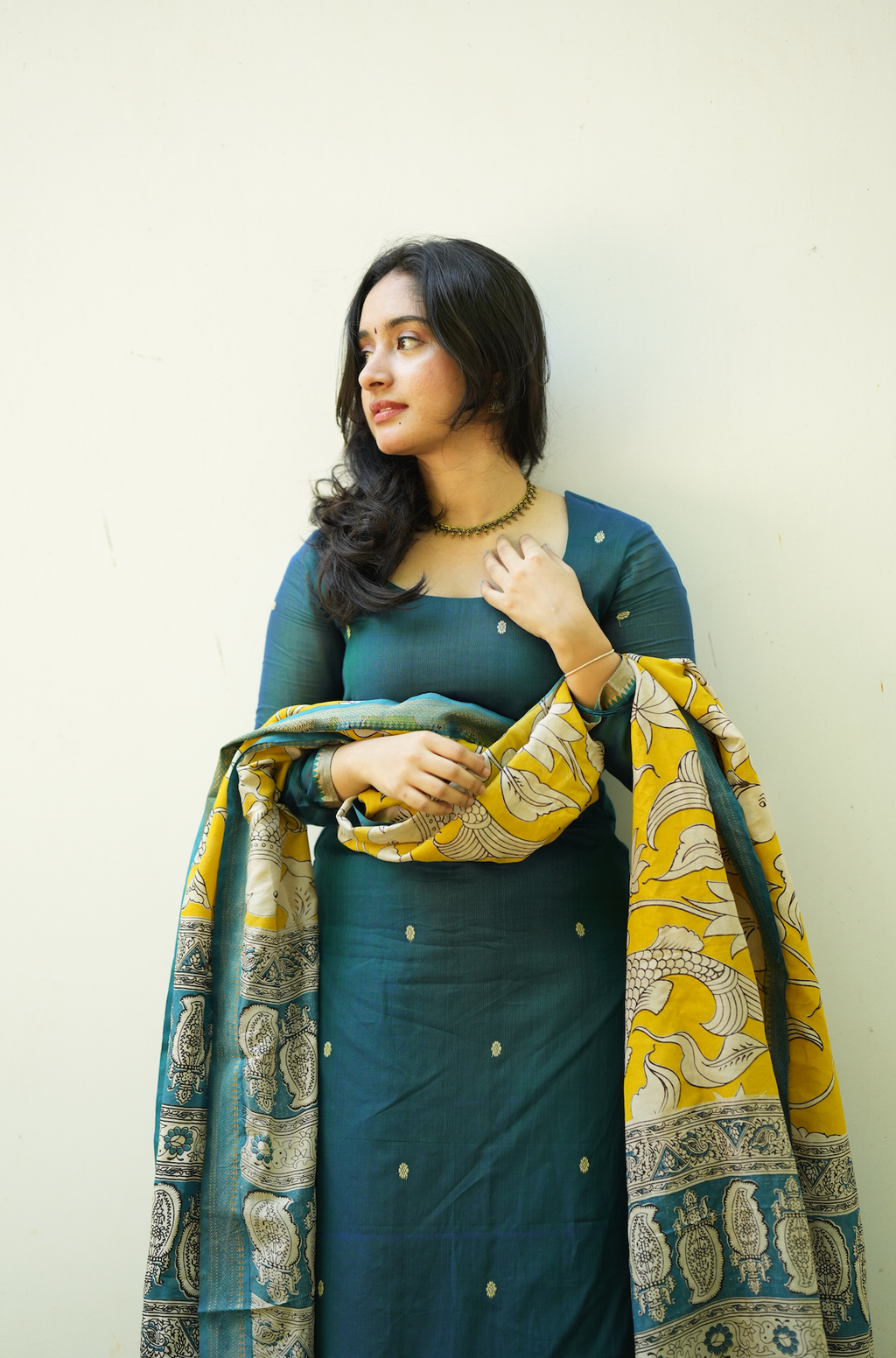 Teal blue Narayanpet handloom suit set with pen Kalamkari dupatta and elegant festive ethnic styling