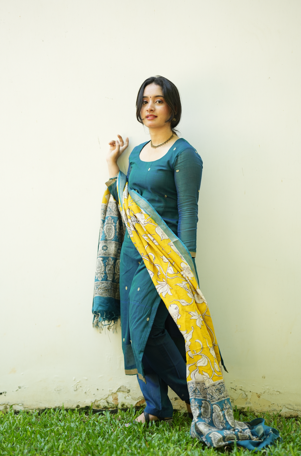 Traditional Narayanpet handloom ethnic wear with printed Kalamkari dupatta and teal festive silhouette