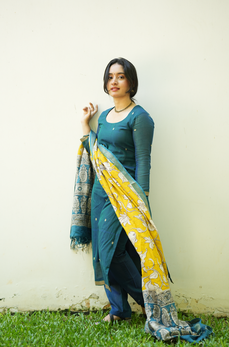 Traditional Narayanpet handloom ethnic wear with printed Kalamkari dupatta and teal festive silhouette